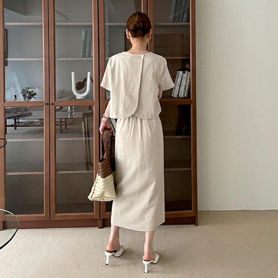 【只今10%OFF】ツーボタンブラウス&スカートSET・全2色・t68731 レディース 【sk】 セットアップ setup トップス ブラウス 半袖 ハーフスリーブ ロング スカート 単色 無地 シンプル カジュアル ラフ リネン 春 夏 韓国 ファッション ハイホリHIHOLLI