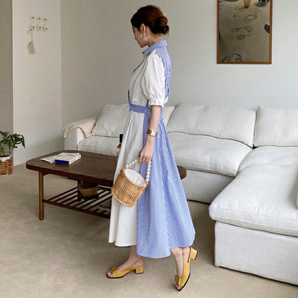 開襟配色ストライプワンピース・全3色・b68733 レディース 【ops】 ワンピース ロング 配色 ストライプ柄 開襟 スキッパー 半袖 ハーフスリーブ 韓国 ファッション ハイホリHIHOLLI