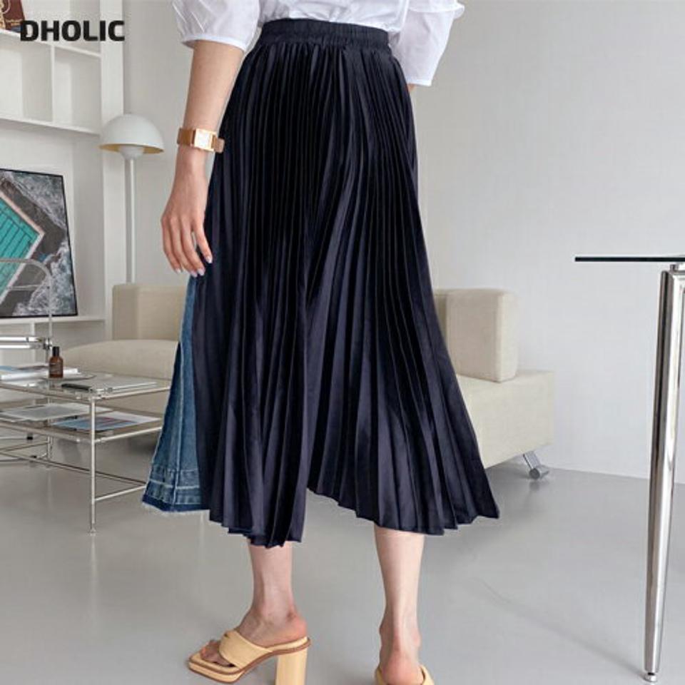 プリーツコントラストデニムスカート・全1色・b65438 レディース 【sk】【韓国 ファッション ボトムス スカート ロング ロングスカート フェミニン プリーツ デニム ユニーク 異素材 体型カバー 細身 スリム フィット ベーシック 夏 春】