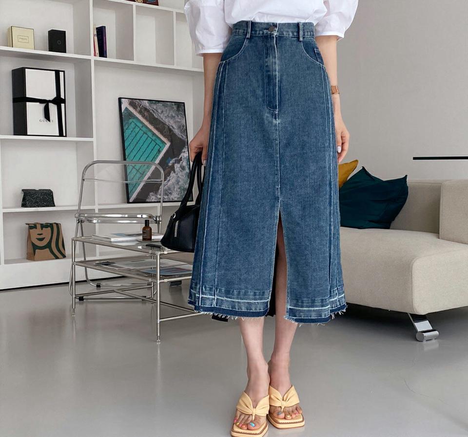 プリーツコントラストデニムスカート・全1色・b65438 レディース 【sk】【韓国 ファッション ボトムス スカート ロング ロングスカート フェミニン プリーツ デニム ユニーク 異素材 体型カバー 細身 スリム フィット ベーシック 夏 春】