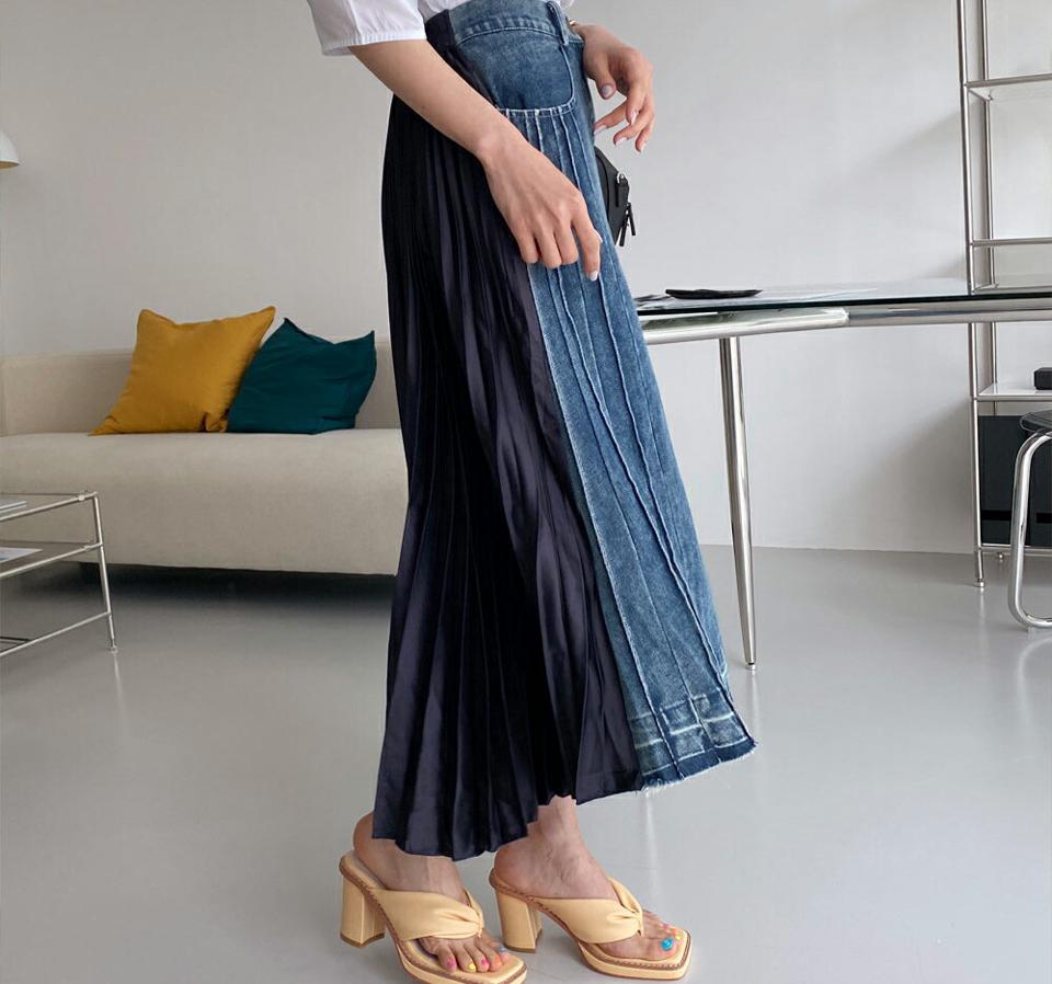 プリーツコントラストデニムスカート・全1色・b65438 レディース 【sk】【韓国 ファッション ボトムス スカート ロング ロングスカート フェミニン プリーツ デニム ユニーク 異素材 体型カバー 細身 スリム フィット ベーシック 夏 春】