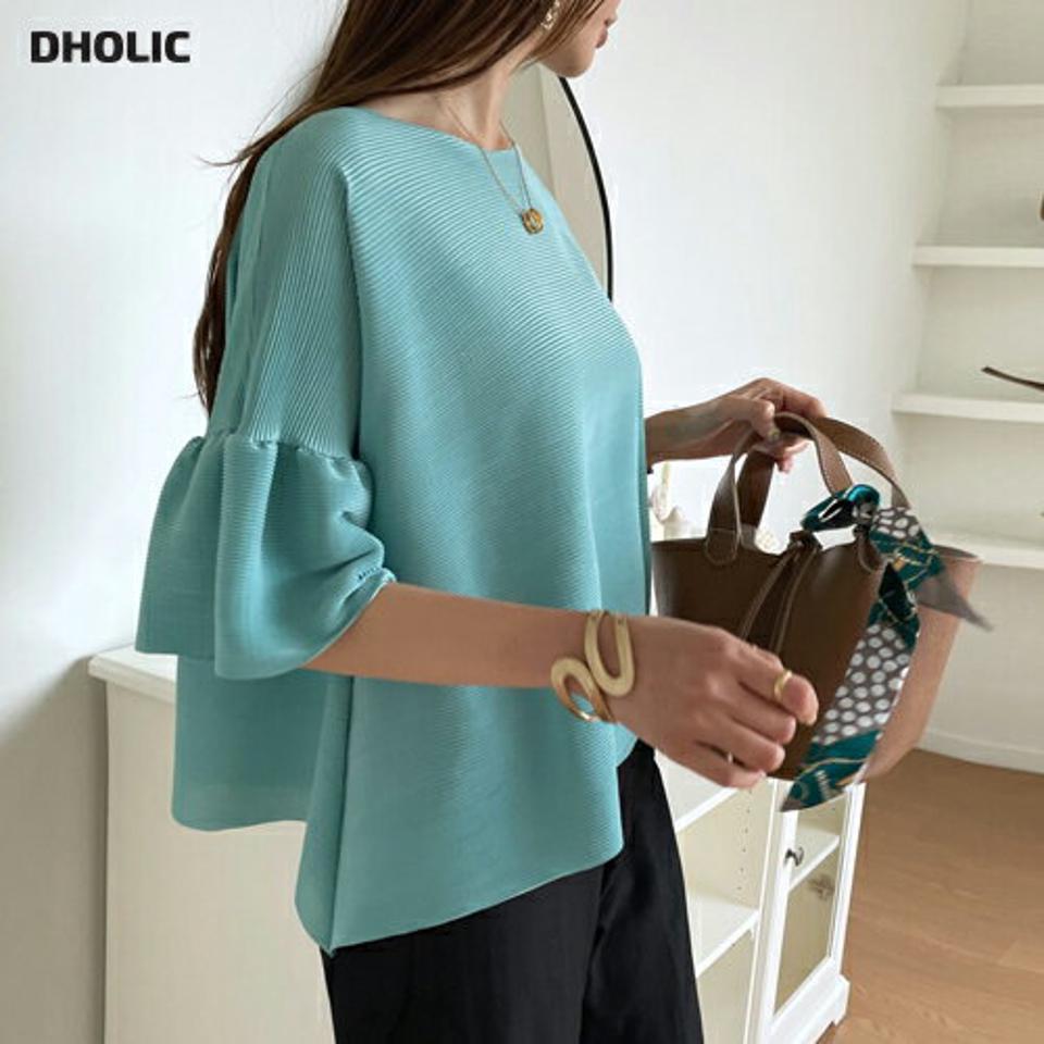 フレアスリーブプリーツブラウス・全4色・b68740 レディース 【bl】【トップス ブラウス 七分丈 七分袖 7分丈 7分袖 フレア プリーツ フェミニン 単色 フェミニン 春 夏 韓国 ファッション】【ハイホリHIHOLLI】