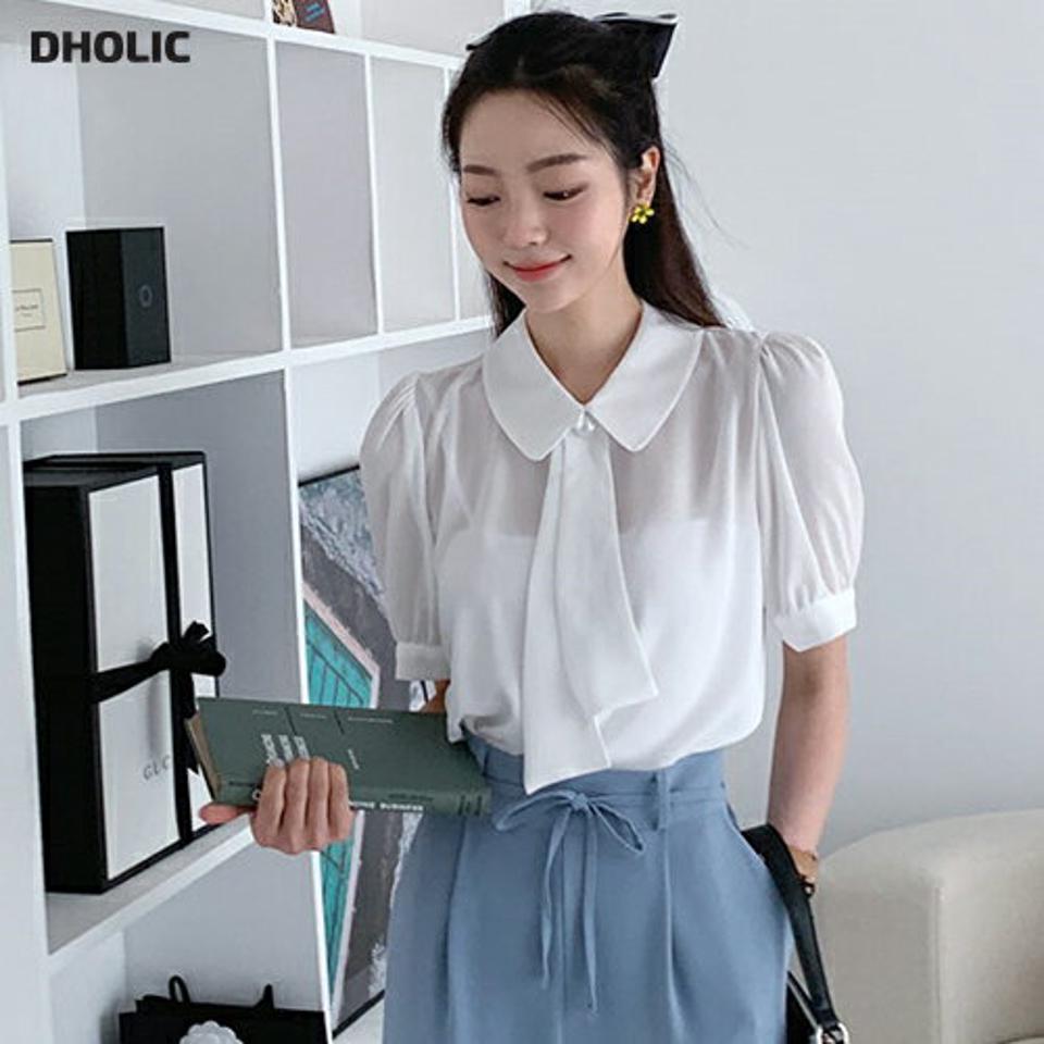 リボン付フェイクパールブラウス・全3色・t65424 レディース 【bl】【韓国 ファッション トップス ブラウス 半袖 大人 カラー パール アンバランス リボン パフスリーブ 無地 フェミニン ボリューム 体型カバー スリム 細身 夏 春】