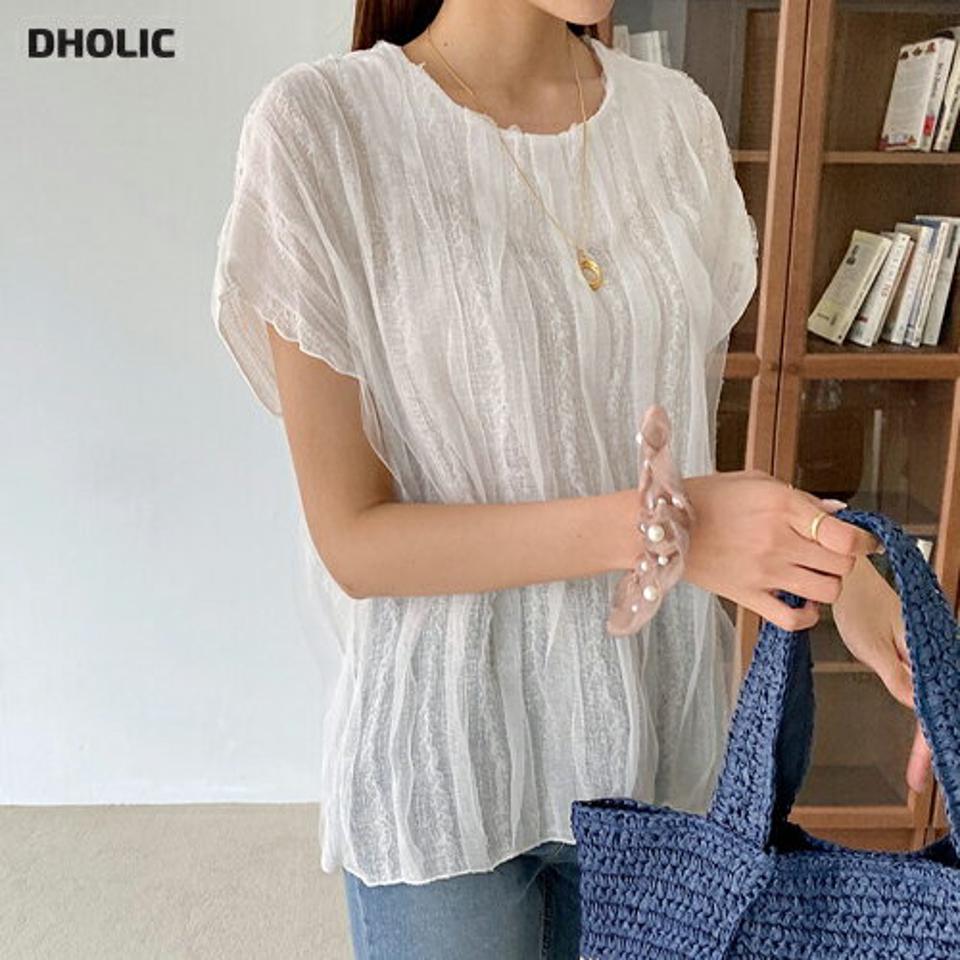 ウェーブディテールブラウス・全3色・t68741 レディース 【bl】【トップス ブラウス 半袖 シフォン フリル ウェーブ 単色 シンプル かわいい 春 夏 韓国 ファッション】【ハイホリHIHOLLI】