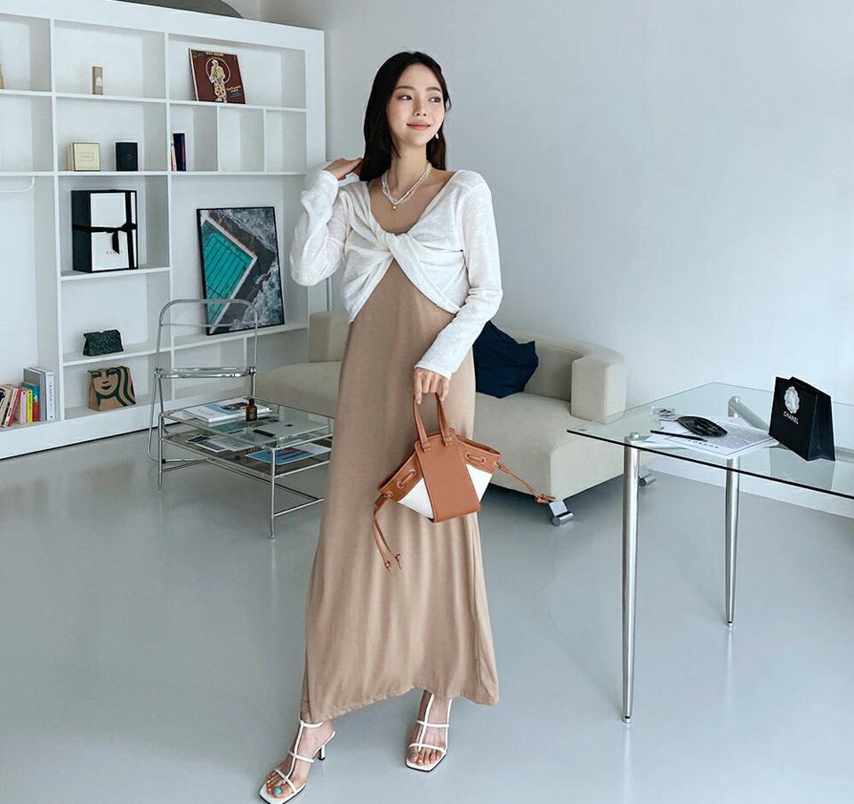 2WAYツイストニット&キャミワンピースSET・全3色・b65428 レディース 【ops】【韓国 ファッション ワンピース ロング ロングワンピース セット ラウンドネック ツイスト Aライン キャミワンピース キャミソール フェミニン 細身 体型カバー フィット 夏 春】