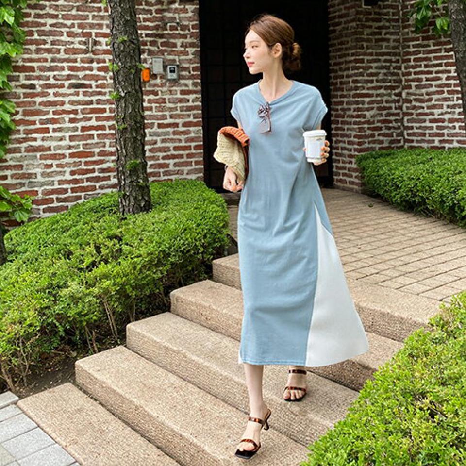 配色サイドプリーツワンピース・全4色・b68735 レディース 【ops】 ワンピース ロング プリーツ フレンチスリーブ ショートスリーブ カジュアル ラフ かわいい 春 夏 韓国 ファッション ハイホリHIHOLLI