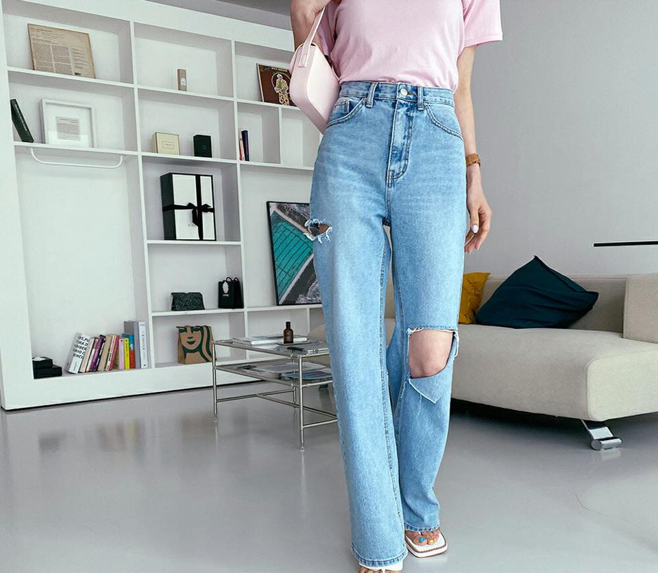 【只今10%OFF】スリットワイドデニムパンツ・全1色・t65439 レディース 【pt】【韓国 ファッション ボトムス ロング ロングパンツ デニム 美脚 スリム ハイウエスト ダメージカット 足長 ストレート 大人 10分丈 体型カーバー 細身 夏 春】