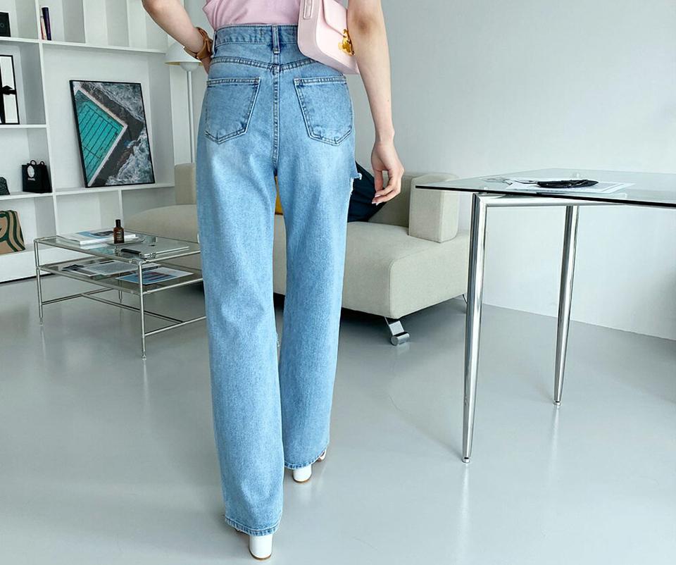 【只今10%OFF】スリットワイドデニムパンツ・全1色・t65439 レディース 【pt】【韓国 ファッション ボトムス ロング ロングパンツ デニム 美脚 スリム ハイウエスト ダメージカット 足長 ストレート 大人 10分丈 体型カーバー 細身 夏 春】