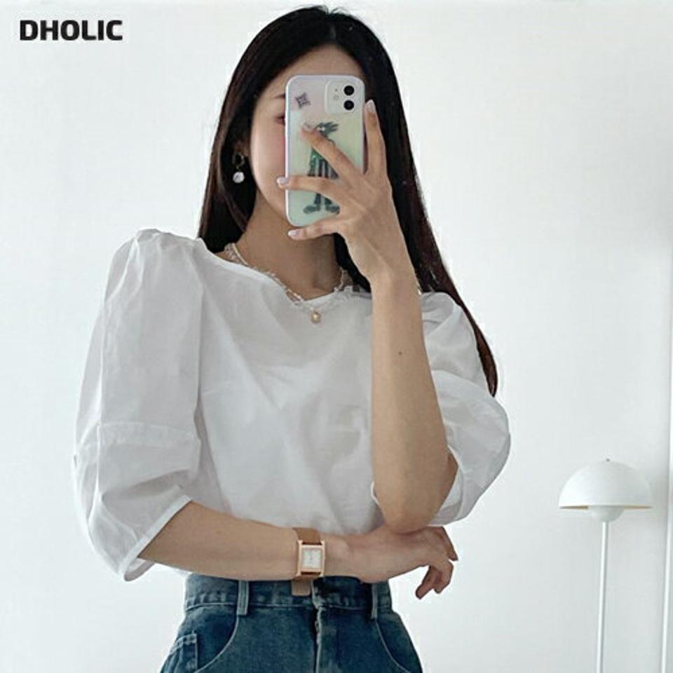 "ボートネックパフブラウス・全2色・b65423 レディース 【bl】【韓国 ファッション トップス ブラウス 半袖 大人 ボートネック 上品 7分袖 パフスリーブ 無地 フェミニン ボリューム 体型カバー スリム 細身 夏 春】"