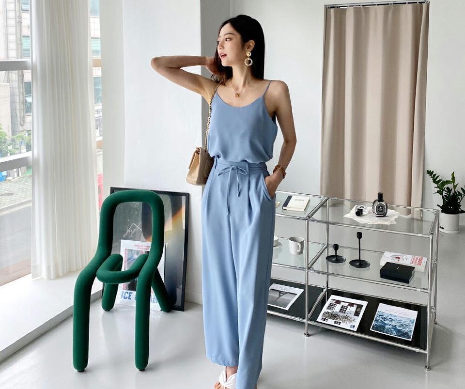 スリーブレス&リボンスラックスSET・全4色・t65435 レディース 【pt】 韓国 ファッション ボトムス ロング ロングパンツ スラックス セット スリーブレス 足長 ストレート 大人 10分丈 体型カーバー 細身 美脚 夏 春