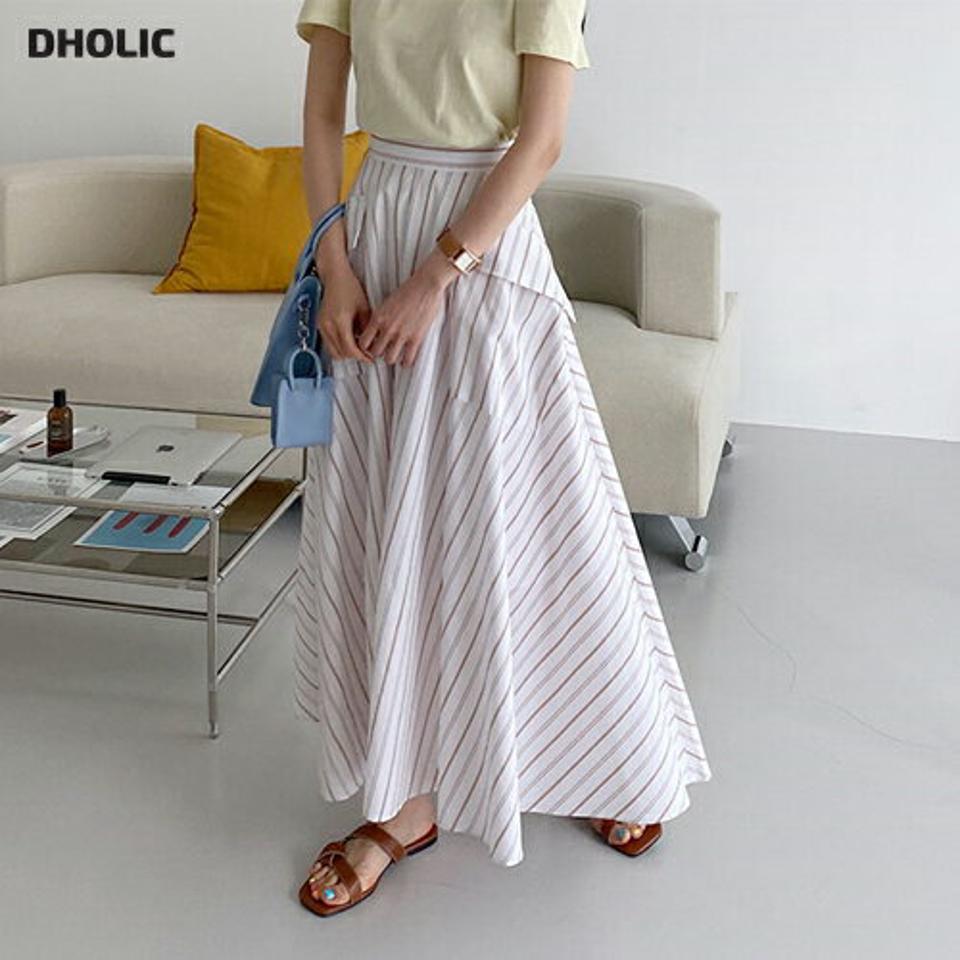 ポケットストライプスカート・全2色・b65442 レディース 【sk】 韓国 ファッション ボトムス スカート ロング ロングスカート フェミニン ストライプ パターン フラップポケット 体型カバー 細身 スリム ルーズ ゆったり フレア 夏 春
