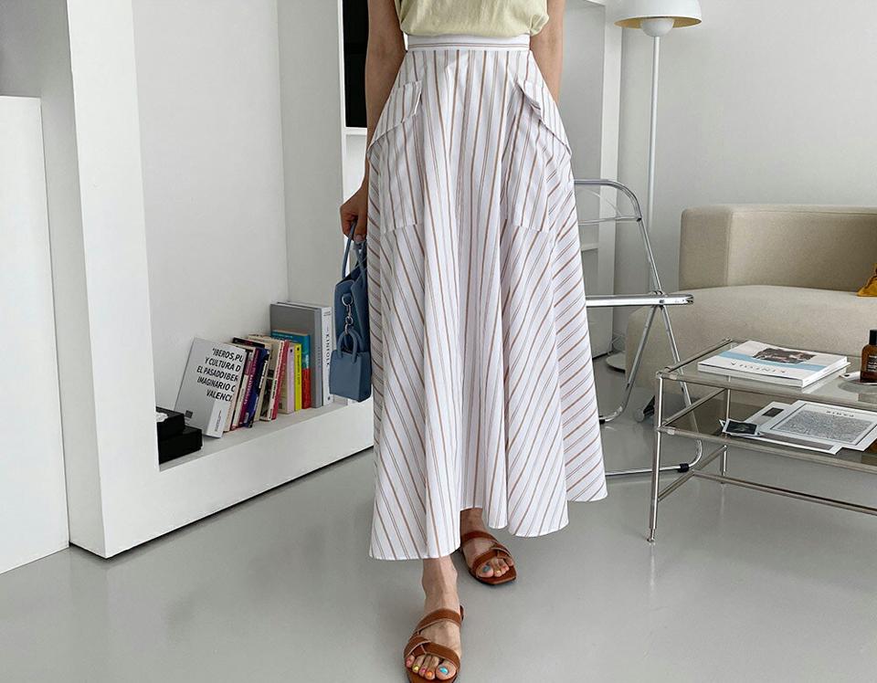 ポケットストライプスカート・全2色・b65442 レディース 【sk】 韓国 ファッション ボトムス スカート ロング ロングスカート フェミニン ストライプ パターン フラップポケット 体型カバー 細身 スリム ルーズ ゆったり フレア 夏 春