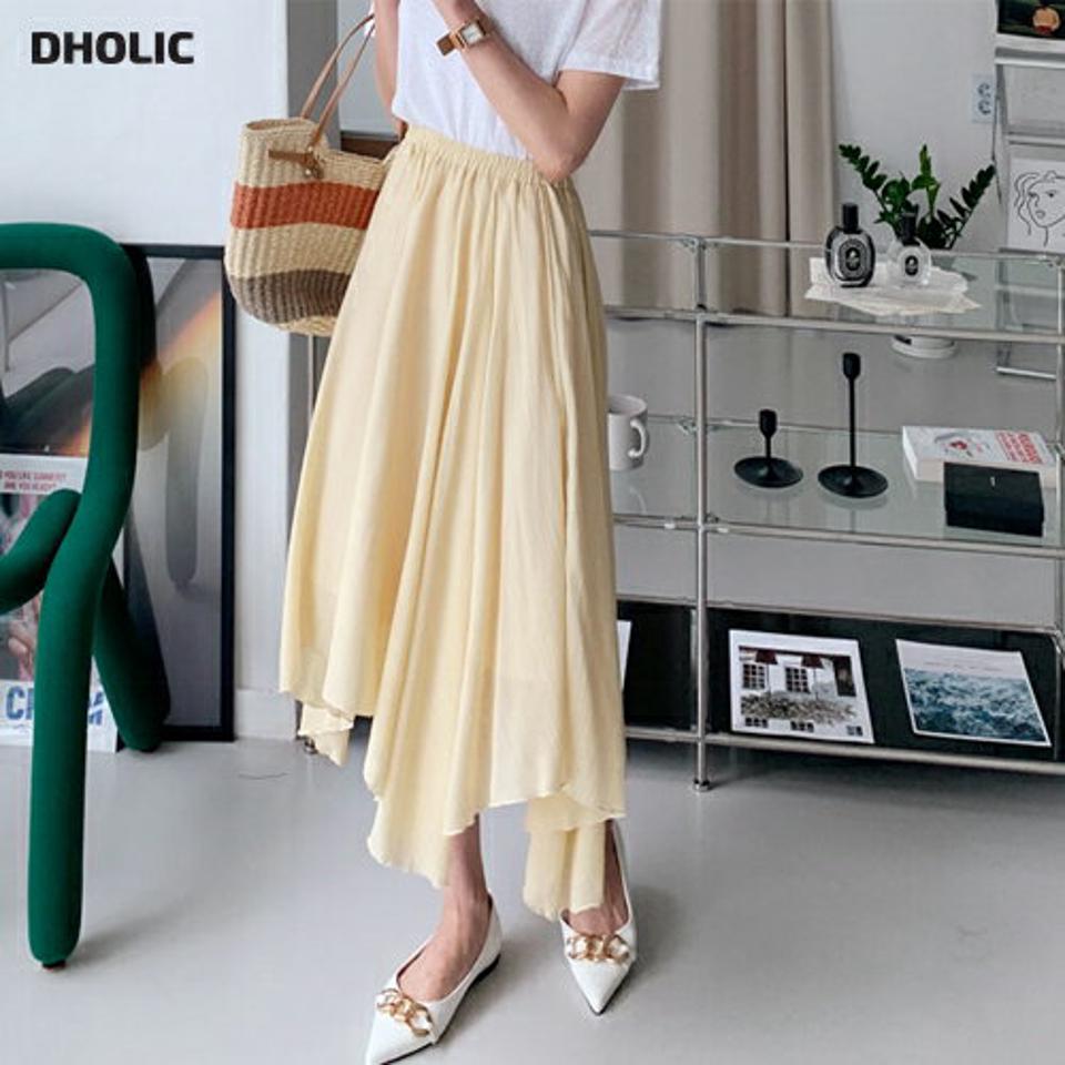 アンバランスフレアスカート・全5色・t65441 レディース 【sk】 韓国 ファッション ボトムス スカート ロング ロングスカート フェミニン アンバランス フレア シフォン ゴム 体型カバー 細身 スリム フィット 無地 夏 春
