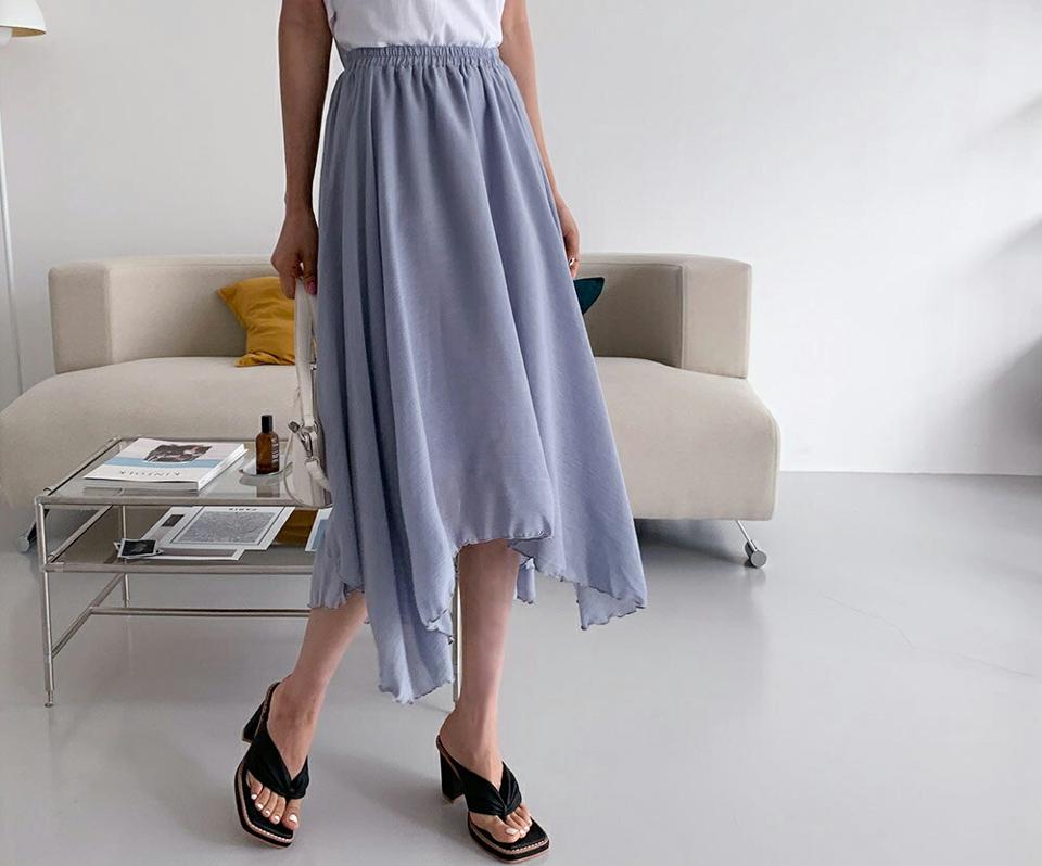 アンバランスフレアスカート・全5色・t65441 レディース 【sk】 韓国 ファッション ボトムス スカート ロング ロングスカート フェミニン アンバランス フレア シフォン ゴム 体型カバー 細身 スリム フィット 無地 夏 春