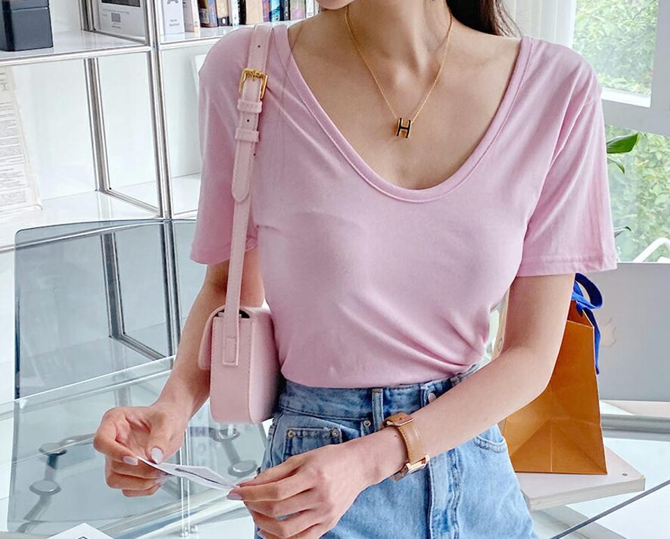 UネックバッククロスTシャツ・全4色・t65425 レディース 【tops】 韓国 ファッション トップス Tシャツ 半袖 デイリー バッククロス スリム フィット ショートスリーブ ラウンドネック カジュアル 細身 体型カーバー フェミニン 上品 Uネック 夏 春