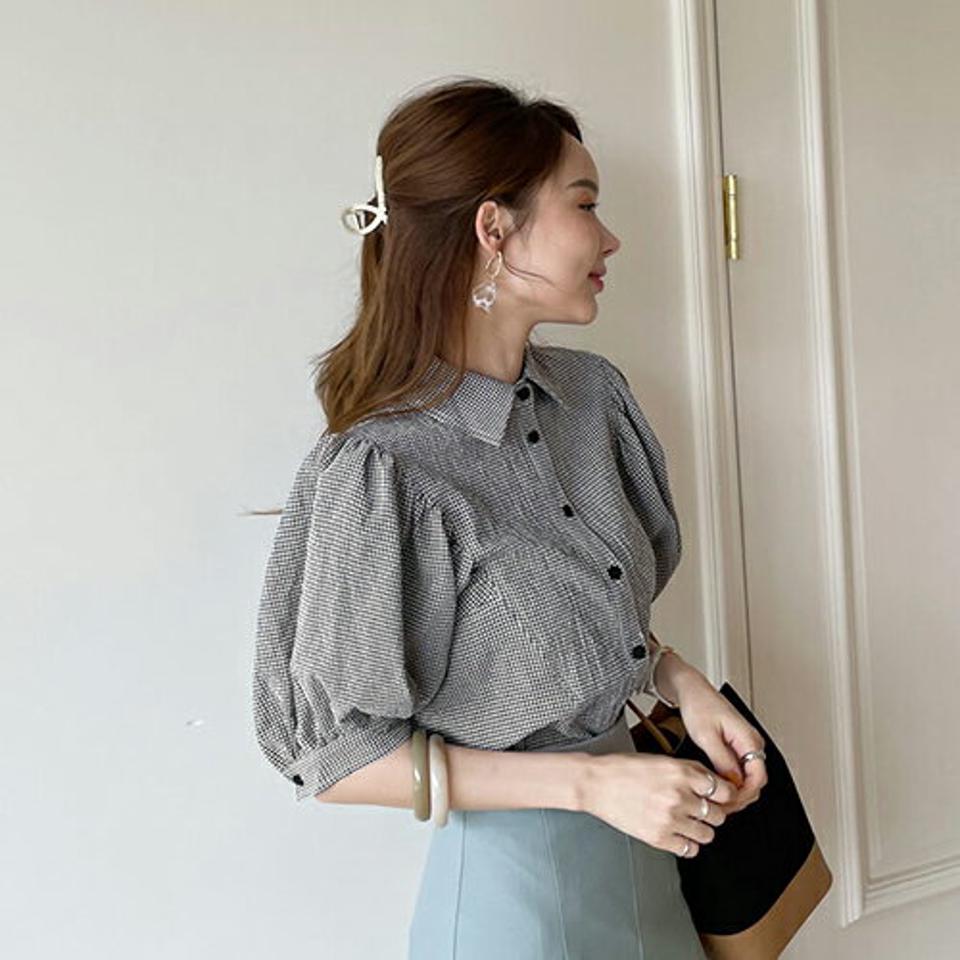 【全品10%OFF】パフスリーブチェックブラウス・全1色・b68737 レディース 【bl】【トップス ブラウス 半袖 ハーフスリーブ ギンガムチェック チェック柄 パフ袖 パフスリーブ 大人 かわいい 春 夏 韓国 ファッション】【ハイホリHIHOLLI】