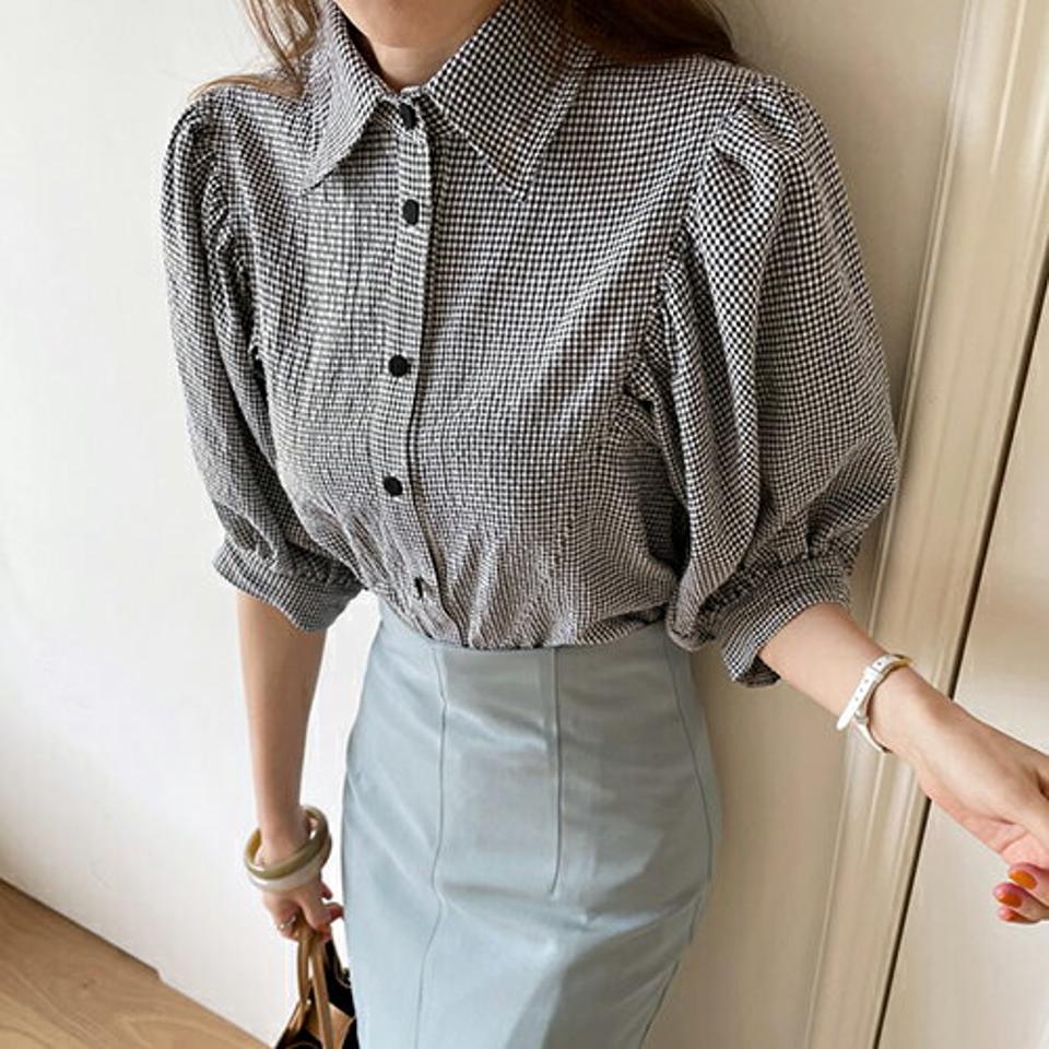 【全品10%OFF】パフスリーブチェックブラウス・全1色・b68737 レディース 【bl】【トップス ブラウス 半袖 ハーフスリーブ ギンガムチェック チェック柄 パフ袖 パフスリーブ 大人 かわいい 春 夏 韓国 ファッション】【ハイホリHIHOLLI】