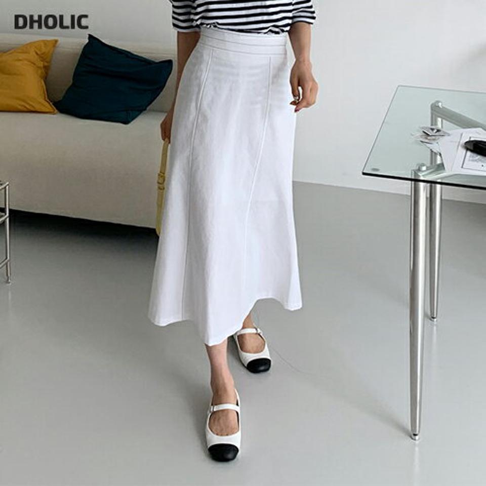 ステッチフレアロングスカート・全3色・b65434 レディース 【sk】 韓国 ファッション ボトムス スカート ロング ロングスカート フェミニン ステッチ 大人 ゴム ハイウエスト 体型カバー 細身 スリム フィット ベーシック 無地 夏 春