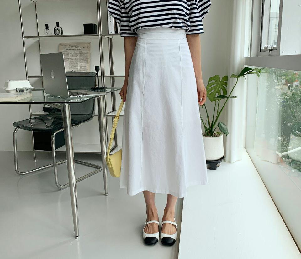 ステッチフレアロングスカート・全3色・b65434 レディース 【sk】 韓国 ファッション ボトムス スカート ロング ロングスカート フェミニン ステッチ 大人 ゴム ハイウエスト 体型カバー 細身 スリム フィット ベーシック 無地 夏 春