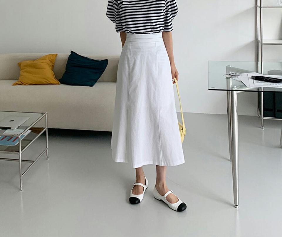 ステッチフレアロングスカート・全3色・b65434 レディース 【sk】 韓国 ファッション ボトムス スカート ロング ロングスカート フェミニン ステッチ 大人 ゴム ハイウエスト 体型カバー 細身 スリム フィット ベーシック 無地 夏 春