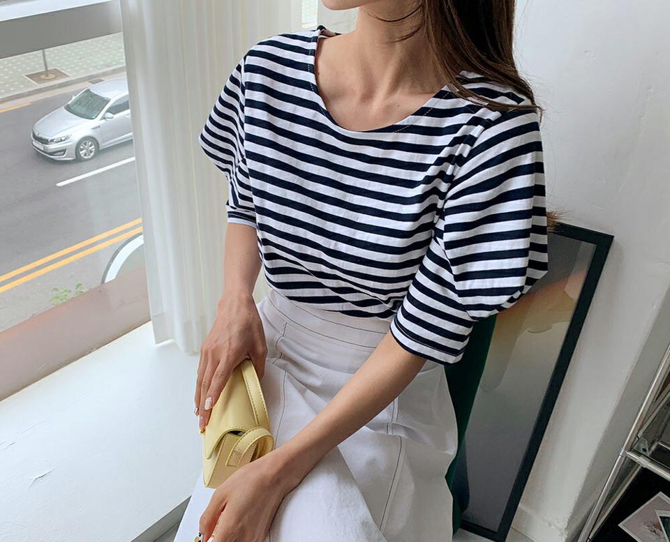 ボーダーパフTシャツ・全2色・t65421 レディース 【tops】 韓国 ファッション トップス Tシャツ 半袖 ボーダー パターン ラウンドネック 5分丈 パフスリーブ カジュアル 細身 体型カーバー ストライプ 夏 春