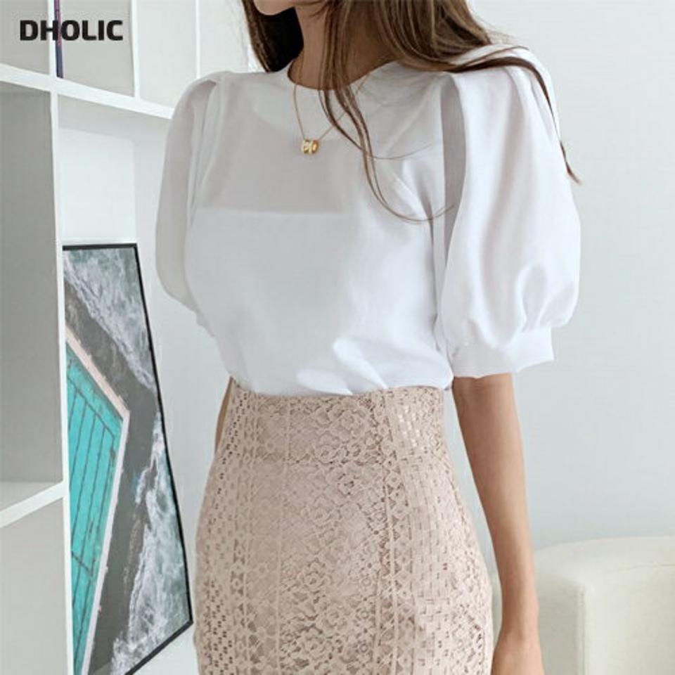 【全品10%OFF】ラウンドパフブラウス・全3色・t65422 レディース 【bl】【韓国 ファッション トップス ブラウス 半袖 大人 ラウンドネック 上品 パフスリーブ 無地 フェミニン ボリューム 体型カバー スリム 細身 ユニーク 夏 春】