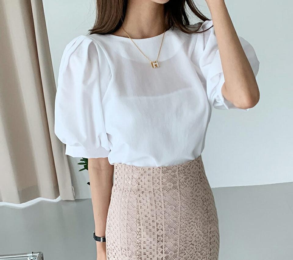 【全品10%OFF】ラウンドパフブラウス・全3色・t65422 レディース 【bl】【韓国 ファッション トップス ブラウス 半袖 大人 ラウンドネック 上品 パフスリーブ 無地 フェミニン ボリューム 体型カバー スリム 細身 ユニーク 夏 春】