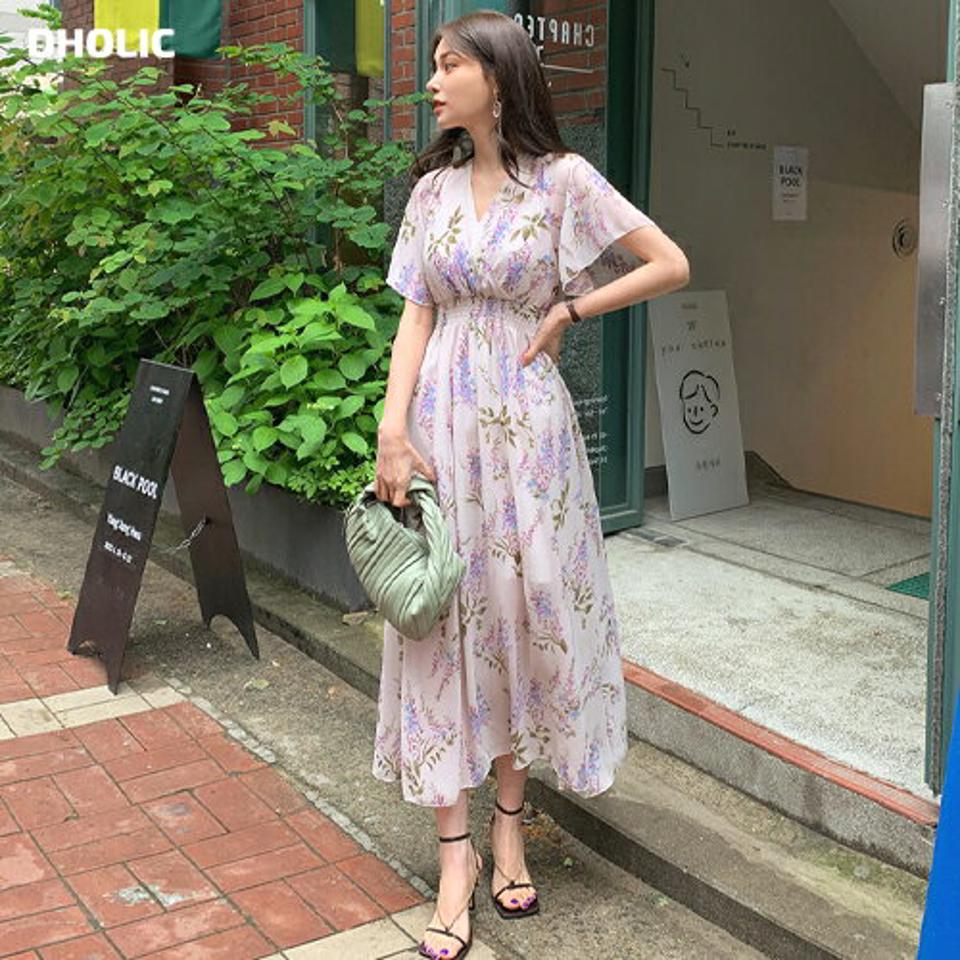 バックリボンVネック花柄ワンピース・全2色・b68671 レディース 【ops】 ワンピース 半袖 ハーフスリーブ カシュクール Vネック 花柄 フェミニン 上品 バックリボン りぼん かわいい 大人 きれいめ 春 夏 韓国ファッション ハイホリHIHOLLI
