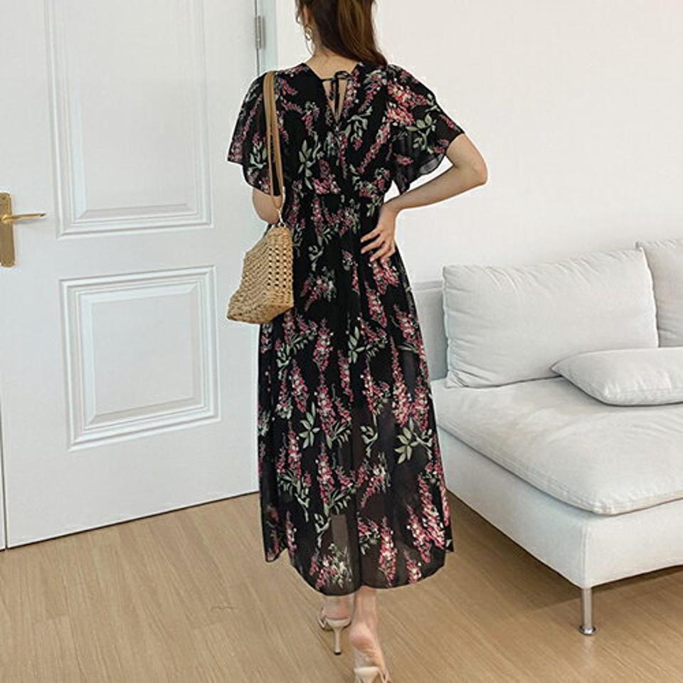 バックリボンVネック花柄ワンピース・全2色・b68671 レディース 【ops】 ワンピース 半袖 ハーフスリーブ カシュクール Vネック 花柄 フェミニン 上品 バックリボン りぼん かわいい 大人 きれいめ 春 夏 韓国ファッション ハイホリHIHOLLI