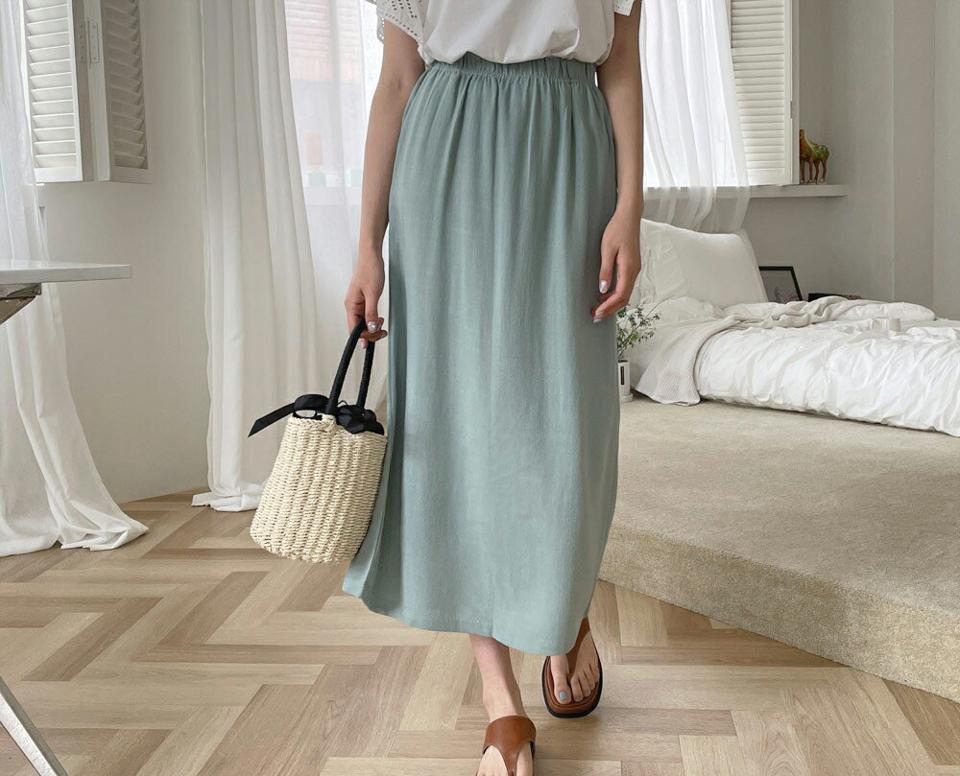 コットンスリットスカート・全4色・t64240 レディース 【sk】 韓国 ファッション ボトムス スカート ロング ロングスカート コットン ドライ ゴム フェミニン カジュアル デイリー 体型カバー 細身 ベーシック 無地 春 夏 NIJU