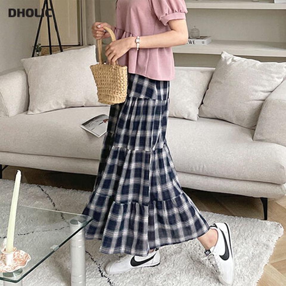 Aラインチェックスカート・全2色・b64238 レディース 【sk】 韓国 ファッション ボトムス スカート ロング ロングスカート チェック ガーリー Aライン ゴム ティアード フェミニン カジュアル デイリー 体型カバー 細身 春 夏 NIJU