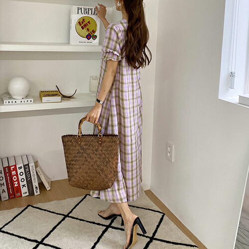 チェックロングワンピース・全3色・t68666 レディース 【ops】【ワンピース ロング ロングワンピース 半袖 チェック柄 ガーリー かわいい 可愛い フリル パフ袖 春 夏 韓国 ファッション】【ハイホリHIHOLLI】