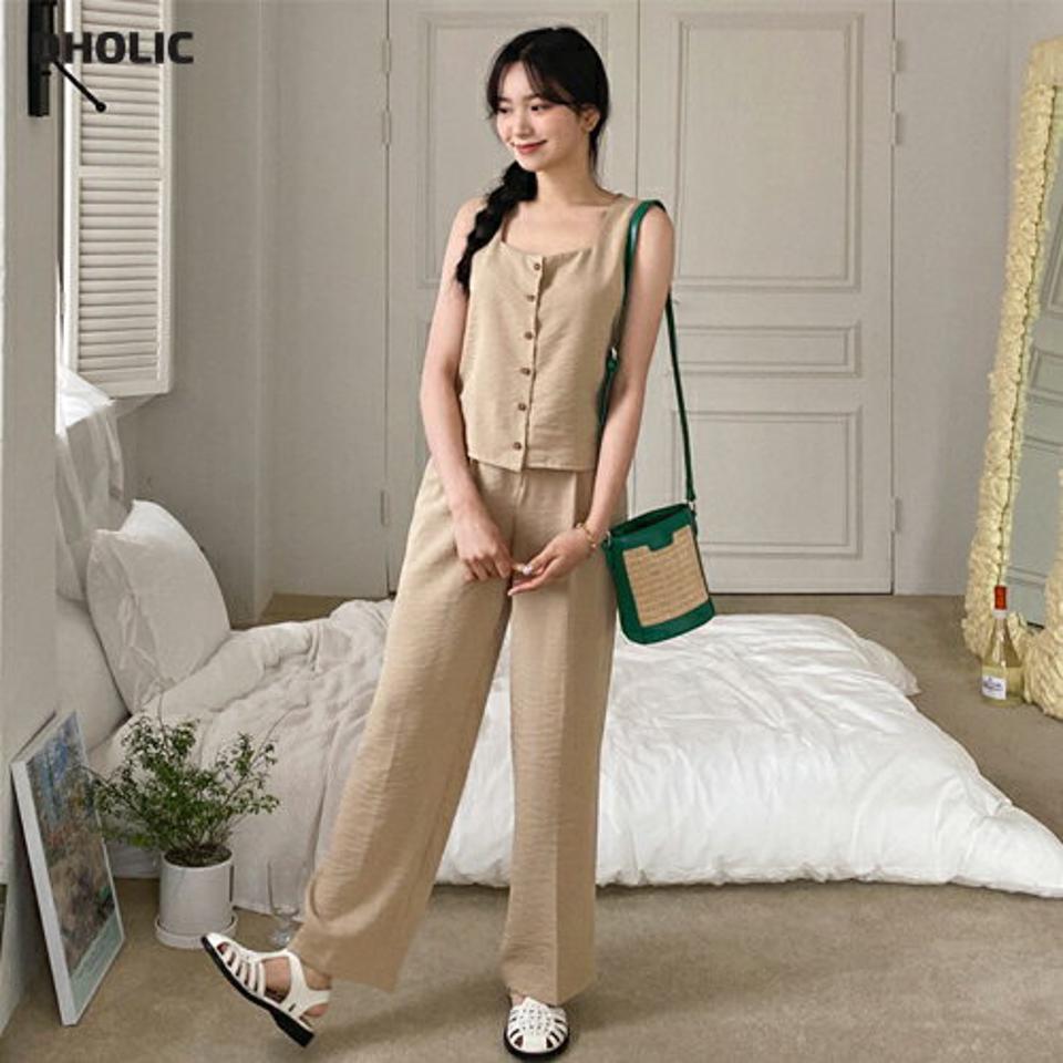 ボタンスリーブレス&タックスラックスSET・全3色・t64252 レディース 【pt】 韓国 ファッション ボトムス パンツ ロング ロングパンツ カジュアル セットアップ スリーブレス スラックス スリム 細身 体型カーバー ワイド 春 夏 NIJU