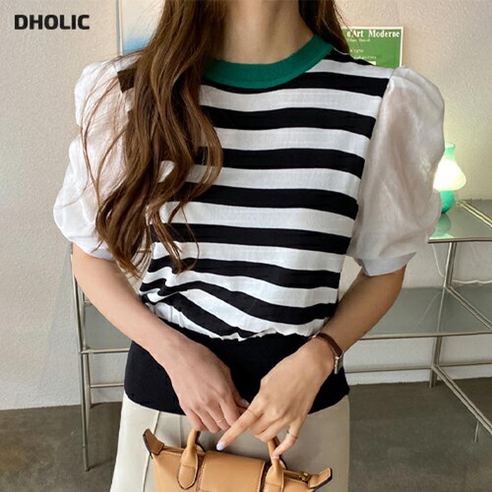 【全品10%OFF】コントラストボーダーニット・全2色・b68662 レディース 【tops】【トップス ニット ニットトップス パフ袖 パフスリーブ ボーダー柄 コントラスト かわいい 半袖 ハーフスリーブ ギャザー 異素材 春 夏 韓国 ファッション】【ハイホリHIHOLLI】
