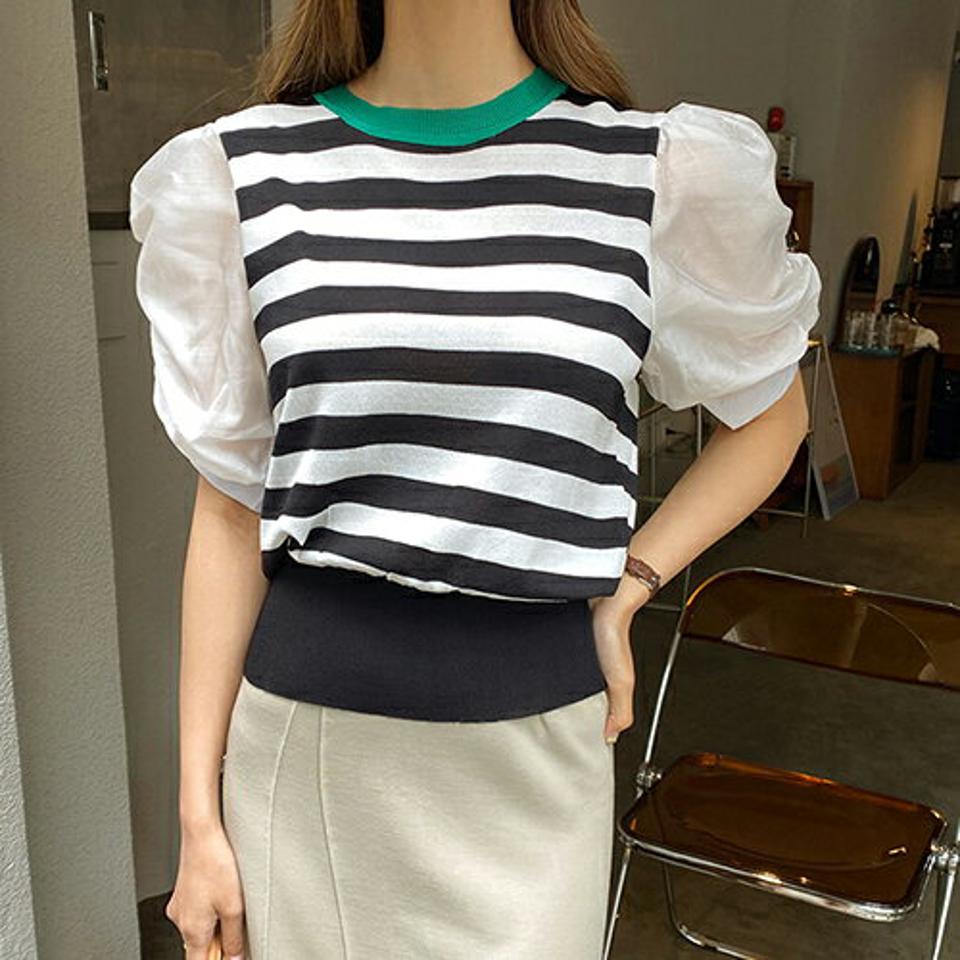 【全品10%OFF】コントラストボーダーニット・全2色・b68662 レディース 【tops】【トップス ニット ニットトップス パフ袖 パフスリーブ ボーダー柄 コントラスト かわいい 半袖 ハーフスリーブ ギャザー 異素材 春 夏 韓国 ファッション】【ハイホリHIHOLLI】