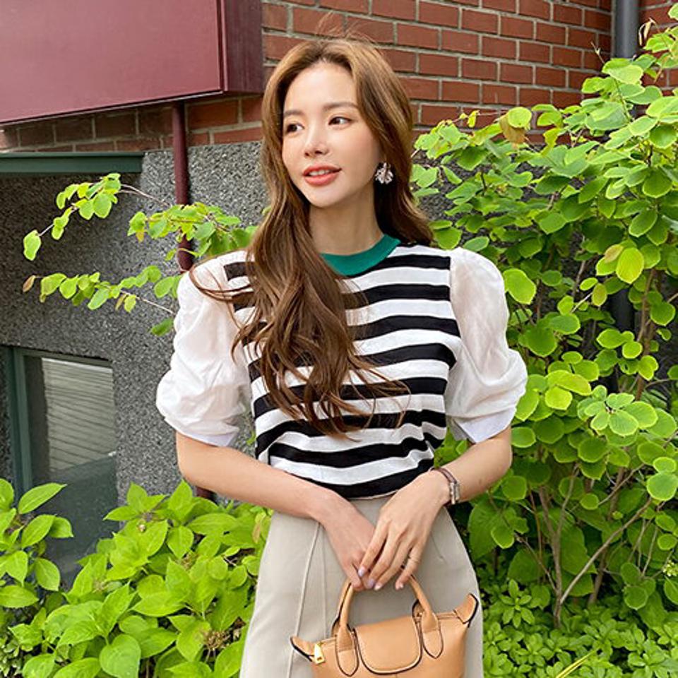 【全品10%OFF】コントラストボーダーニット・全2色・b68662 レディース 【tops】【トップス ニット ニットトップス パフ袖 パフスリーブ ボーダー柄 コントラスト かわいい 半袖 ハーフスリーブ ギャザー 異素材 春 夏 韓国 ファッション】【ハイホリHIHOLLI】