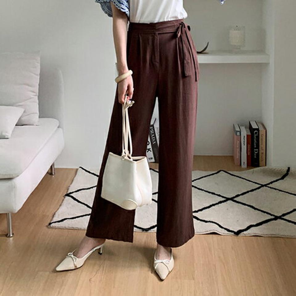 リネン混サイドリボンパンツ・全3色・t68678 レディース 【pt】 パンツ ズボン ロングパンツ りぼん リネン 単色 無地 シンプル 春 夏 韓国 ファッション ハイホリHIHOLLI