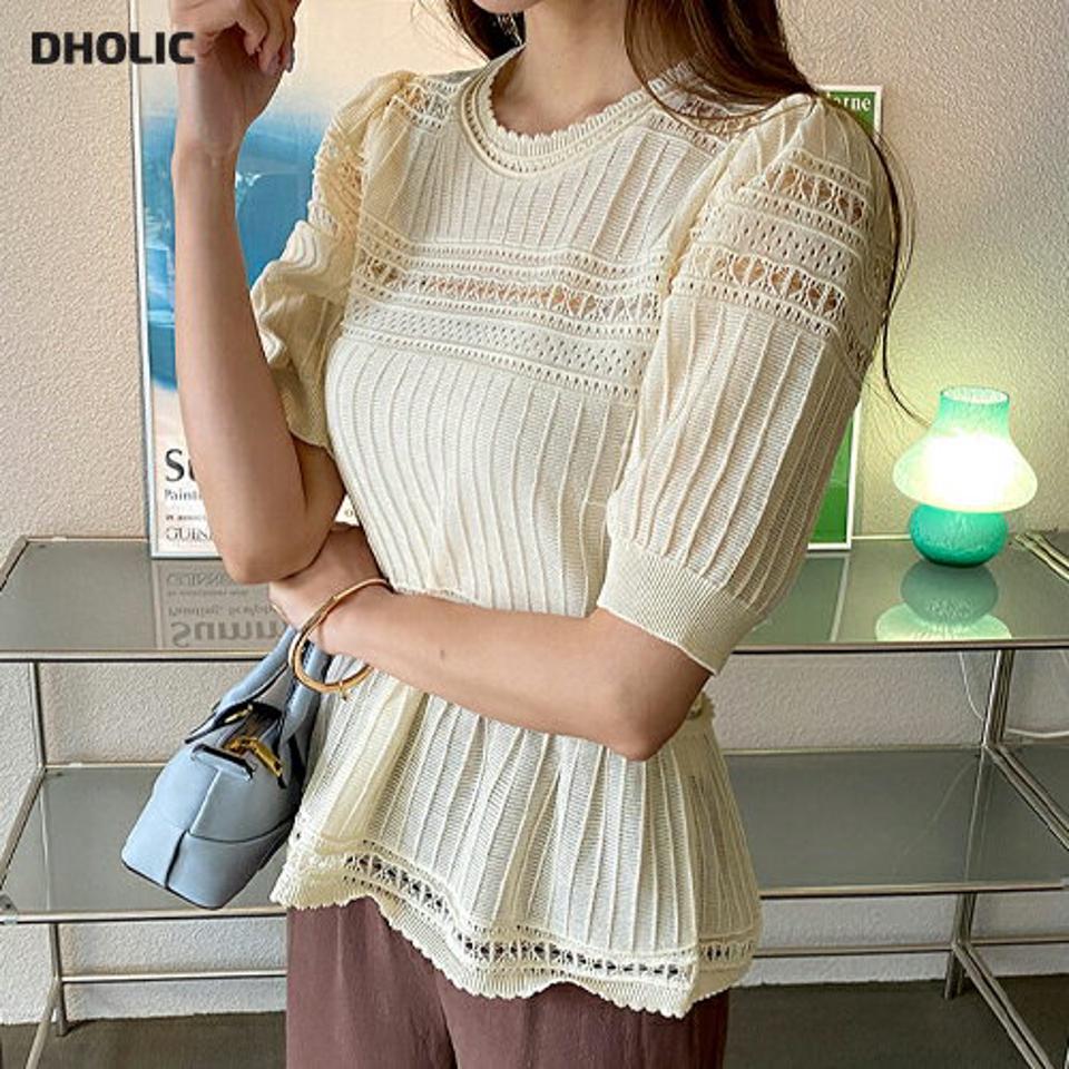 クロッシェフリルニット・全3色・b68668 レディース 【tops】 トップス ニット ニットトップス 半袖 ハーフスリーブ クロッシェ フリル 可愛い かわいい 透け感 レディ パフ袖 パフスリーブ 春 夏 韓国 ファッション ハイホリHIHOLLI