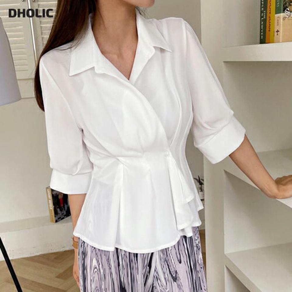 タックボタンカラーブラウス・全3色・b65254 レディース 【bl】 韓国 ファッション トップス ブラウス 半袖 大人 タック ボリューム 7分丈 パフスリーブ フレア 無地 フェミニン ボリューム 体型カバー スリム 細身 夏 春