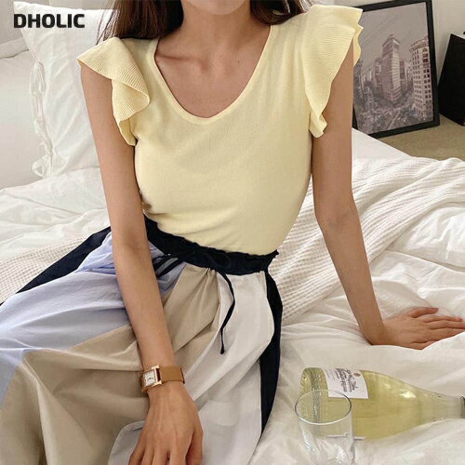 【全品10%OFF】ラウンドフリルニット・全4色・b65258 レディース 【tops】【韓国 ファッション トップス ニット 半袖 デイリー フリル ラウンドネック スリム フィット 細身 体型カーバー フェミニン 上品 夏 春】