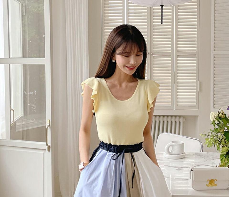 【全品10%OFF】ラウンドフリルニット・全4色・b65258 レディース 【tops】【韓国 ファッション トップス ニット 半袖 デイリー フリル ラウンドネック スリム フィット 細身 体型カーバー フェミニン 上品 夏 春】