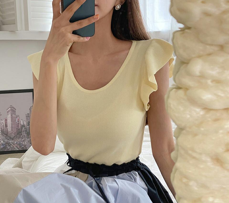 【全品10%OFF】ラウンドフリルニット・全4色・b65258 レディース 【tops】【韓国 ファッション トップス ニット 半袖 デイリー フリル ラウンドネック スリム フィット 細身 体型カーバー フェミニン 上品 夏 春】