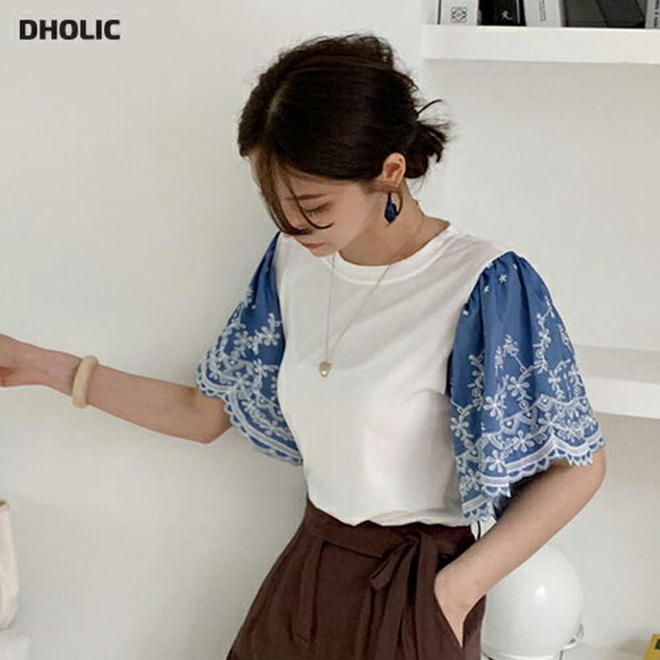 刺繍フレアスリーブTシャツ・全3色・t68663 レディース 【tops】 トップス Tシャツ 半袖 ハーフスリーブ フレア 刺繍 かわいい 可愛い 異素材 大人 春 夏 韓国 ファッション ハイホリHIHOLLI