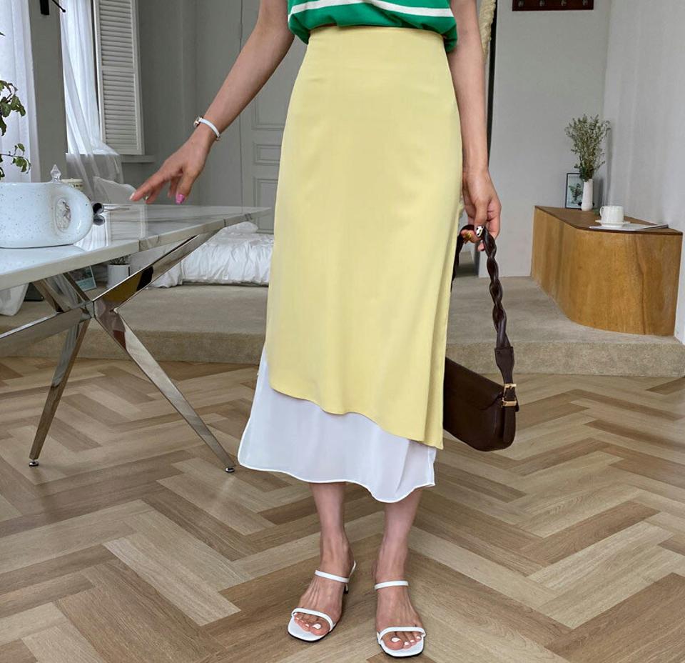 配色へムスカート・全3色・t65261 レディース 【sk】 韓国 ファッション ボトムス スカート ロング ロングスカート フェミニン 配色 ゴム コンシール レイヤード風 メリハリ 体型カバー 細身 スリム ルーズ 夏 春