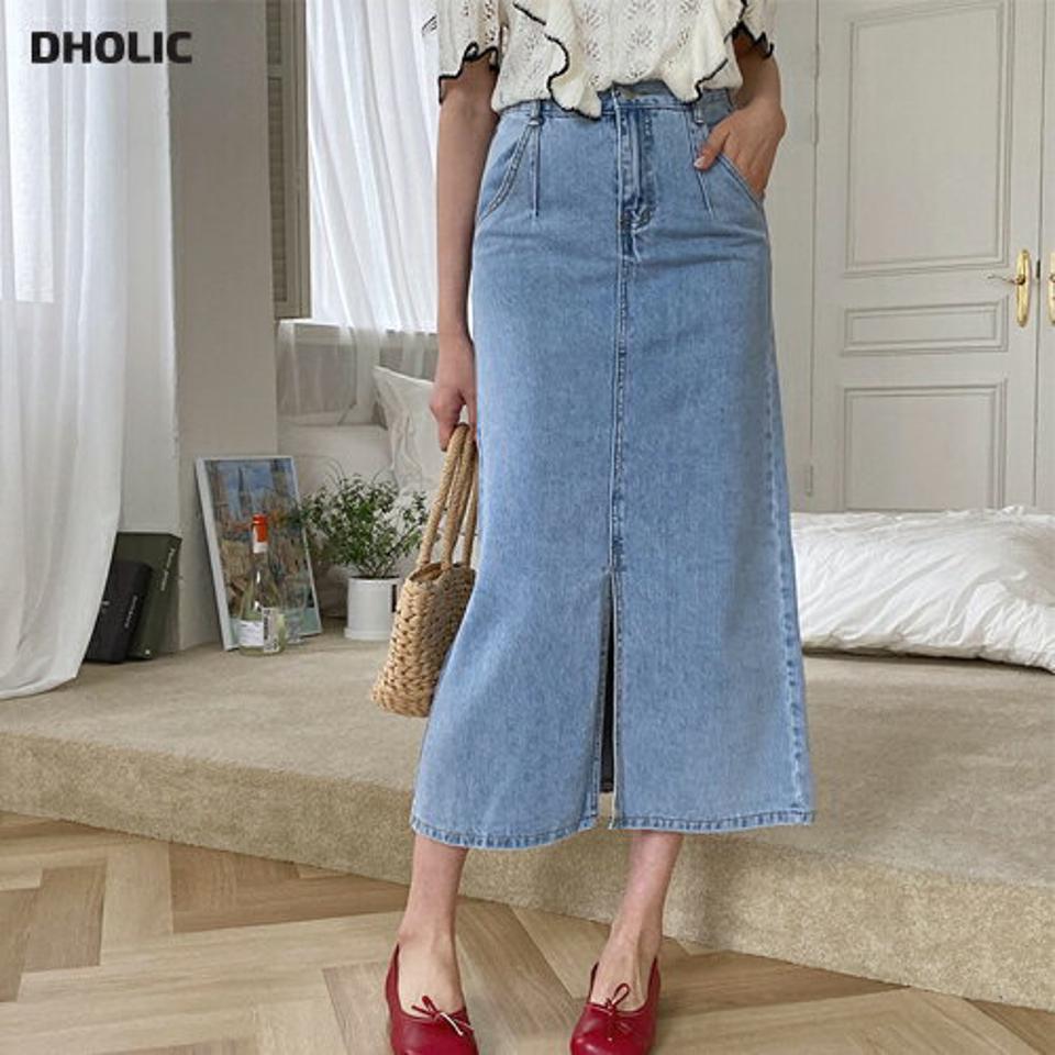 Hラインデニムスカート・全2色・t64245 レディース 【sk】 韓国 ファッション ボトムス スカート ロング ロングスカート スリット Hライン デニム フェミニン カジュアル デイリー 体型カバー 細身 春 夏 NIJU
