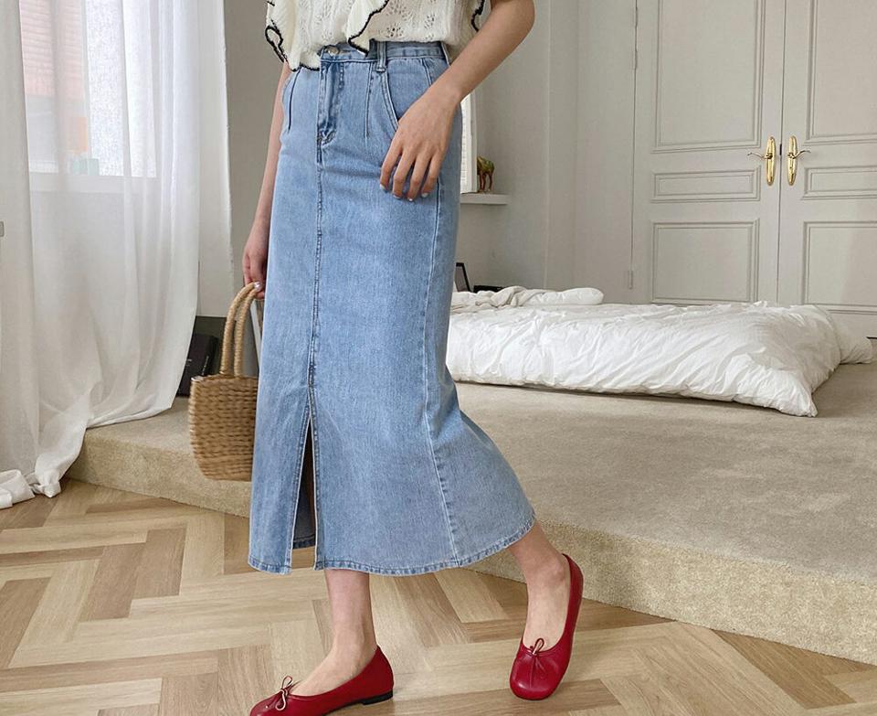 Hラインデニムスカート・全2色・t64245 レディース 【sk】 韓国 ファッション ボトムス スカート ロング ロングスカート スリット Hライン デニム フェミニン カジュアル デイリー 体型カバー 細身 春 夏 NIJU