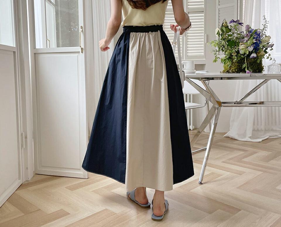 配色イージースカート・全2色・t65259 レディース 【sk】 韓国 ファッション ボトムス スカート ロング ロングスカート フェミニン 配色 ゴム ストリング ラクチン メリハリ 体型カバー 細身 スリム ルーズ ゆったり フレア 夏 春