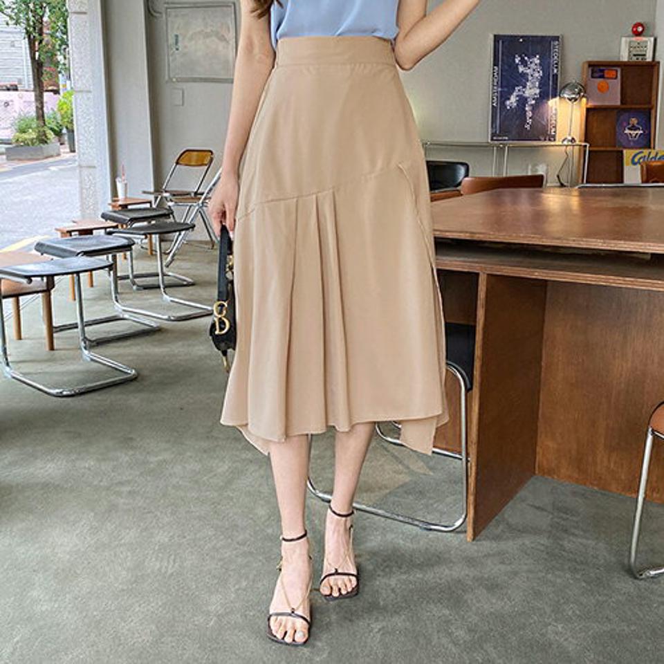 アンバランスタックスカート・全2色・b68675 レディース 【sk】 スカート ロング アンバランス 単色 無地 大人 タック 春 夏 韓国 ファッション ハイホリHIHOLLI
