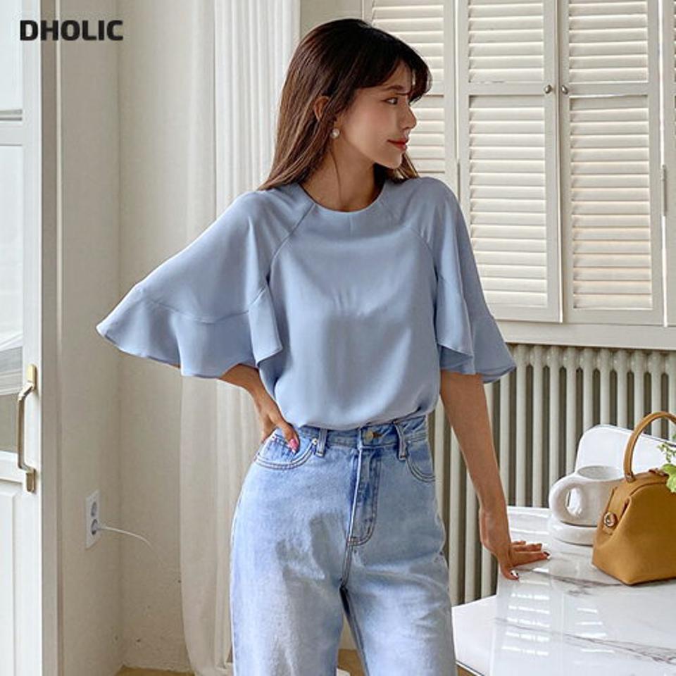 フリルラグランブラウス・全3色・b65253 レディース 【bl】 韓国 ファッション トップス ブラウス 半袖 大人 フリル ボリューム ラグランスリーブ ラウンドネック スリット 無地 フェミニン ボリューム 体型カバー スリム 細身 夏 春