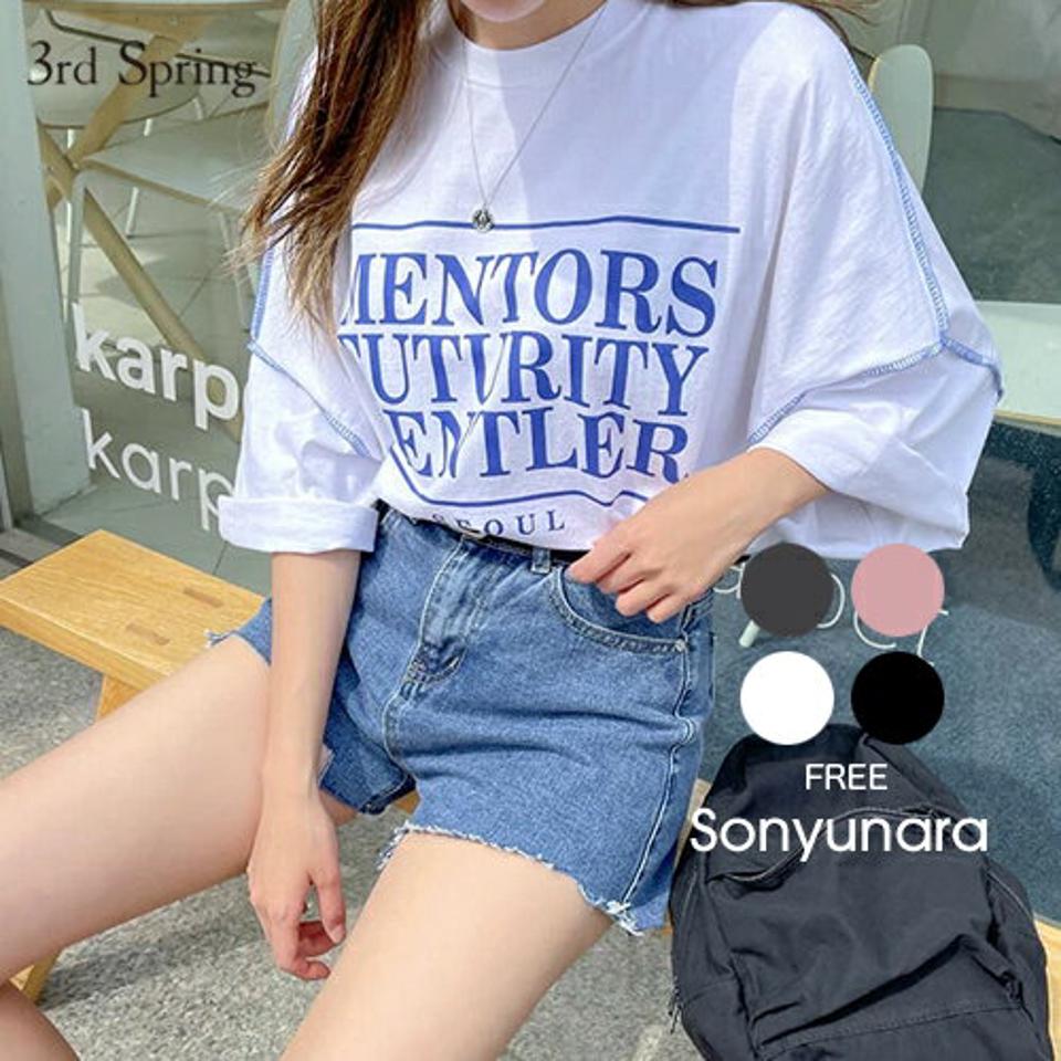 SONYUNARA(ソニョナラ)英文アウトステッチ半袖Tシャツ【5/31up_ka】韓国 韓国ファッション Tシャツ オーバーサイズ 体型カバー ロゴ ステッチ スリット【5】